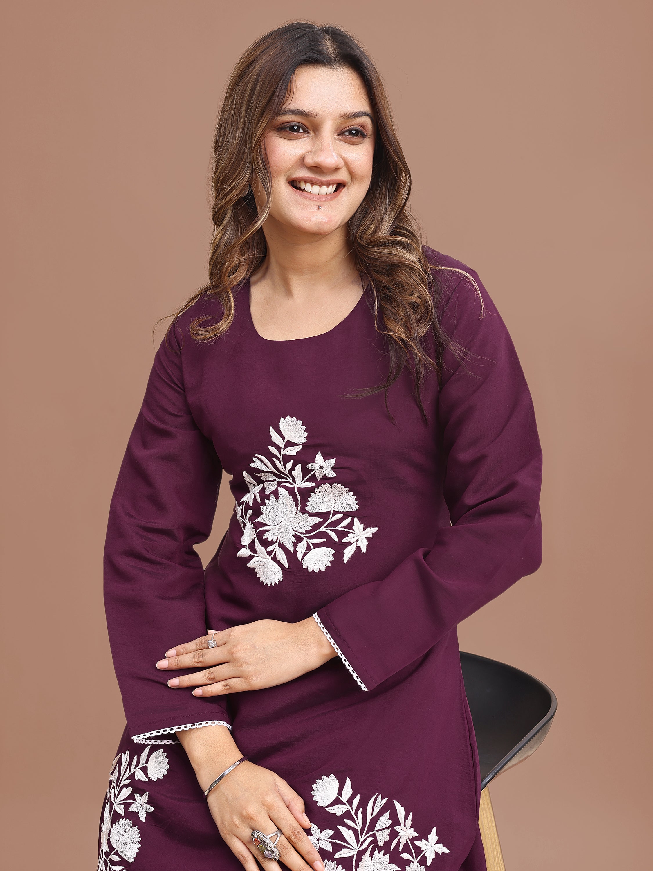 Burgundy Colored Silk Blend With White Thread Embroidered Tunic & Trouser Co-ord Set